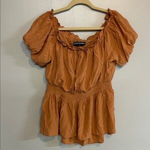 Scarlet Darkness Top Large Peasant Bardot Ruffle‎ Blouse Smocked Waist Shirt
